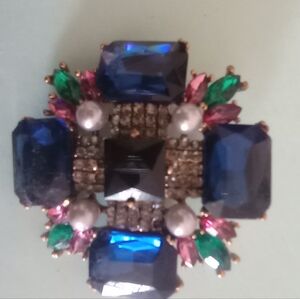 Vintage Blue and Green Brooch with Floral Accents